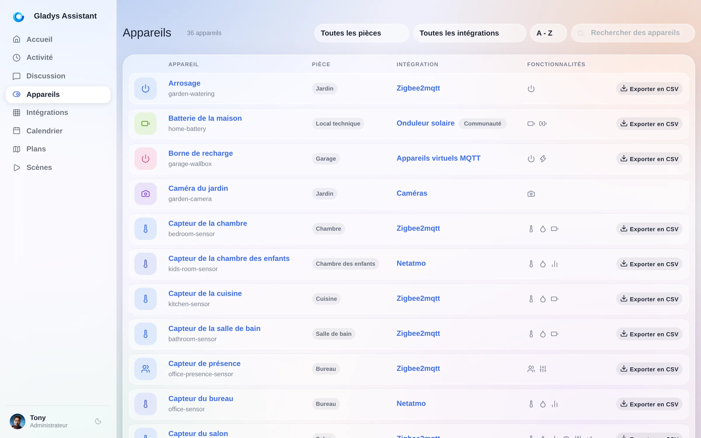 La page Appareils