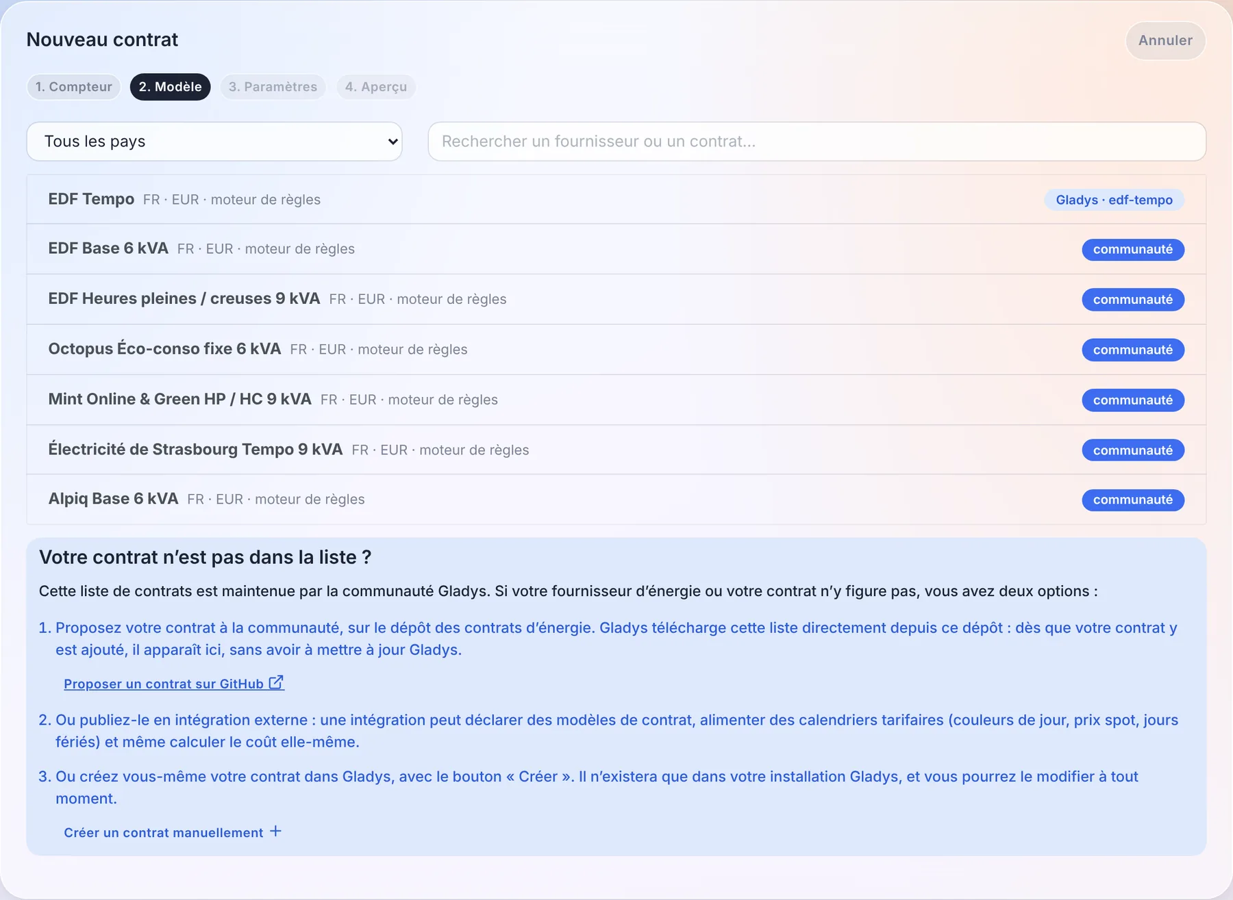 La liste des modèles de contrats, avec une recherche et un filtre par pays