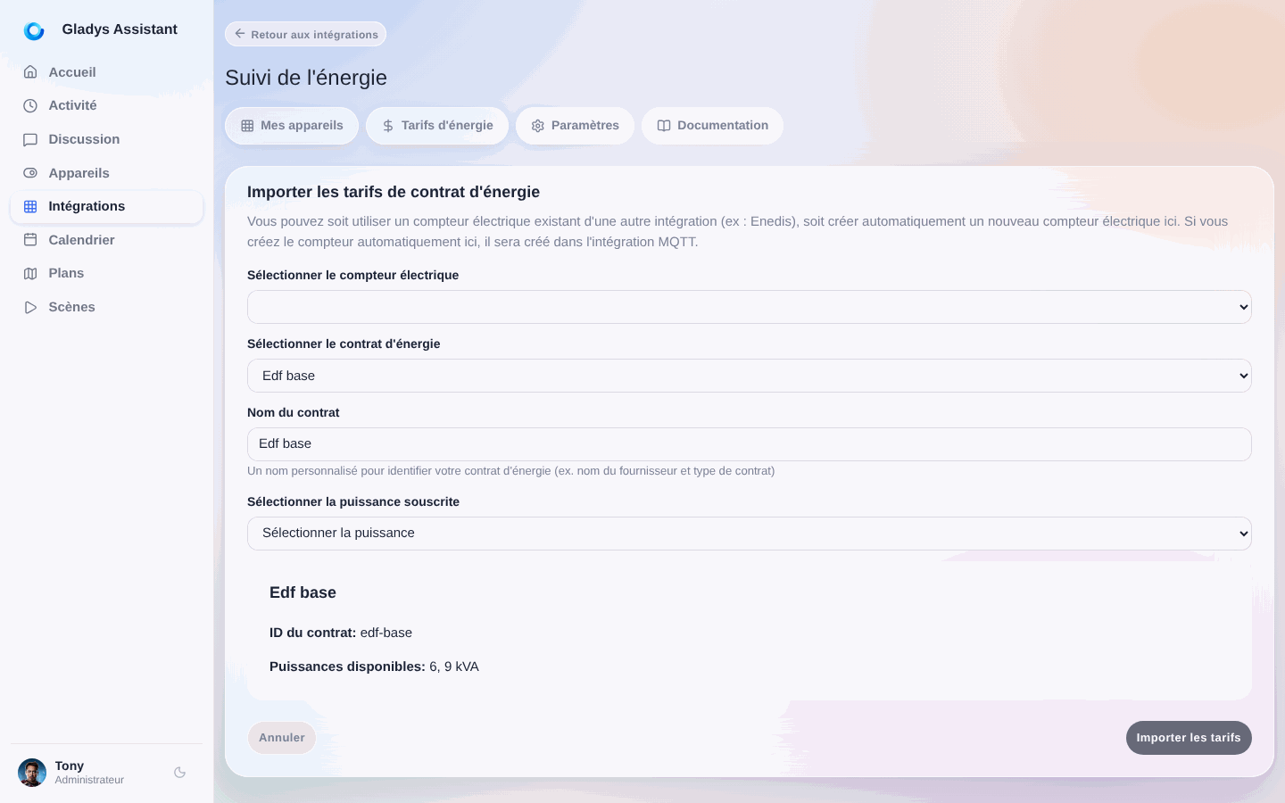 Suivi de l'énergie création import prix