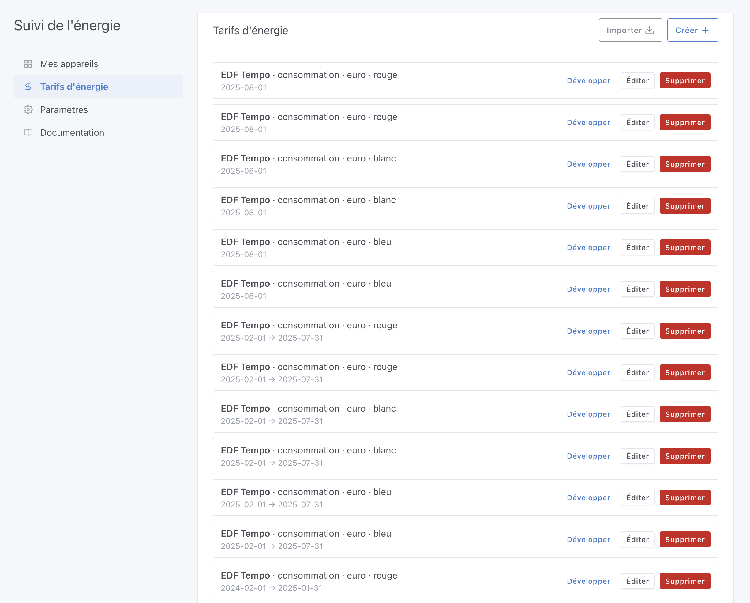 Suivi de l&#39;énergie liste de prix tempo