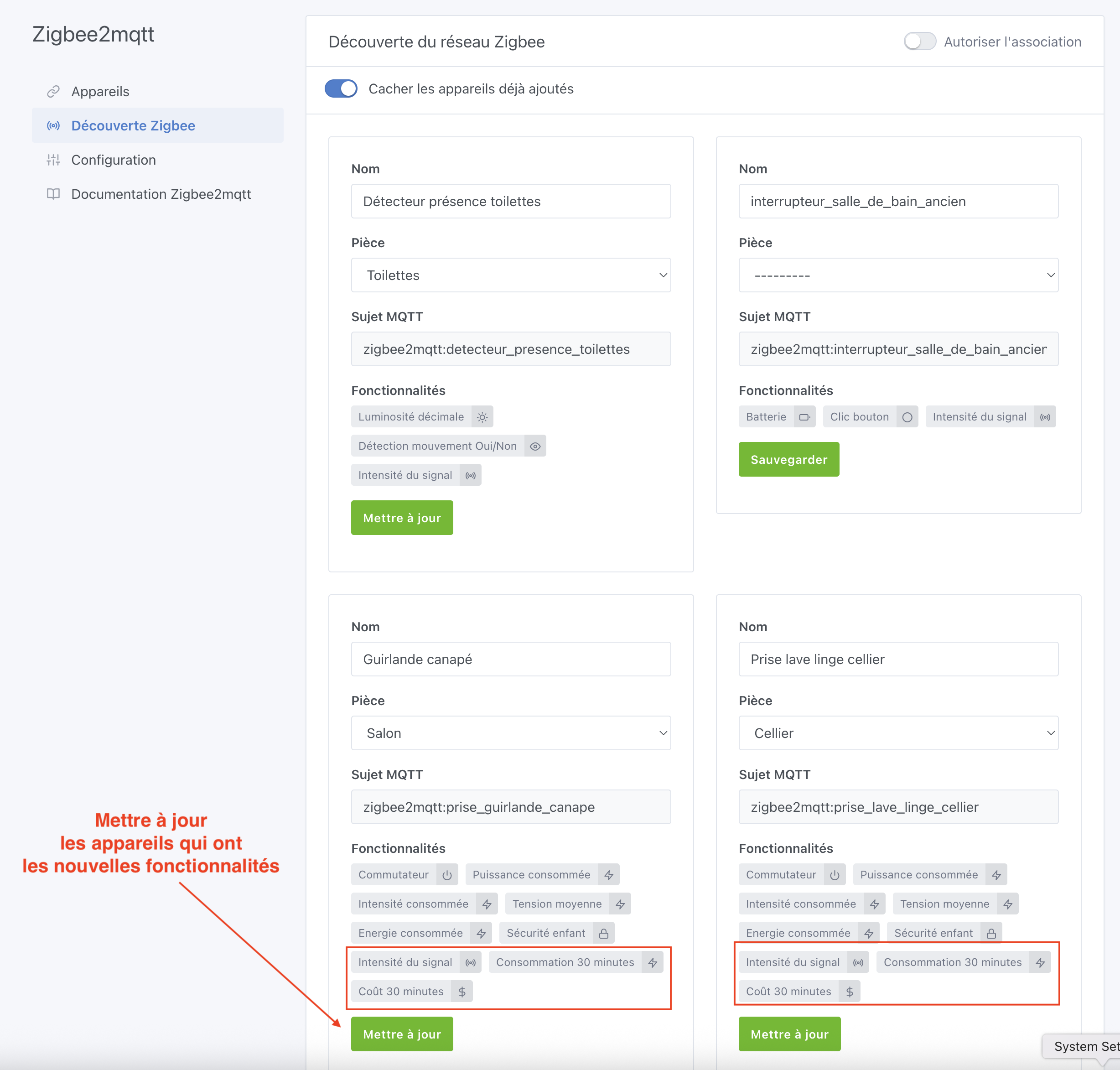 Mettre à jour appareil Zigbee2mqtt