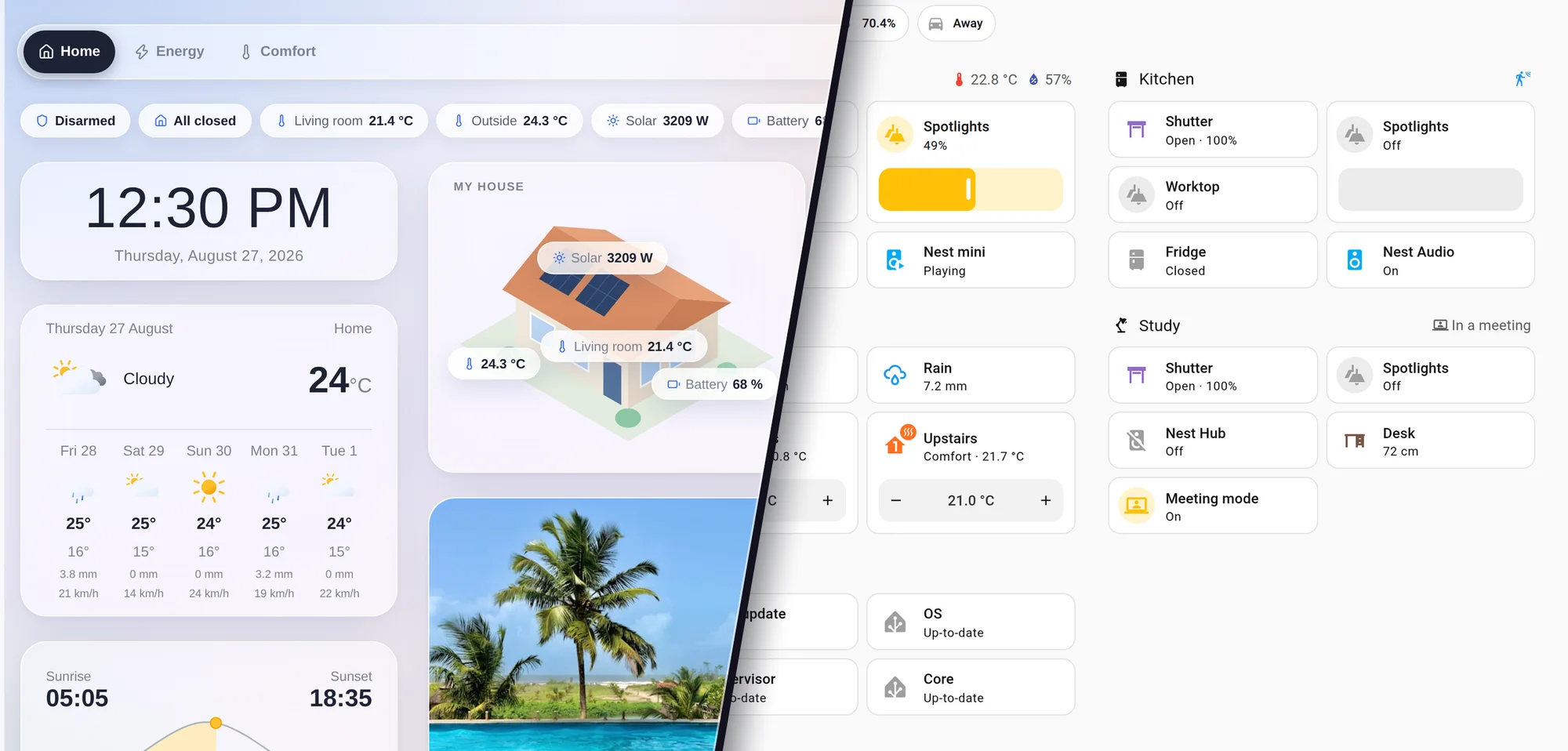 The Gladys Assistant 5 dashboard next to the Home Assistant demo dashboard