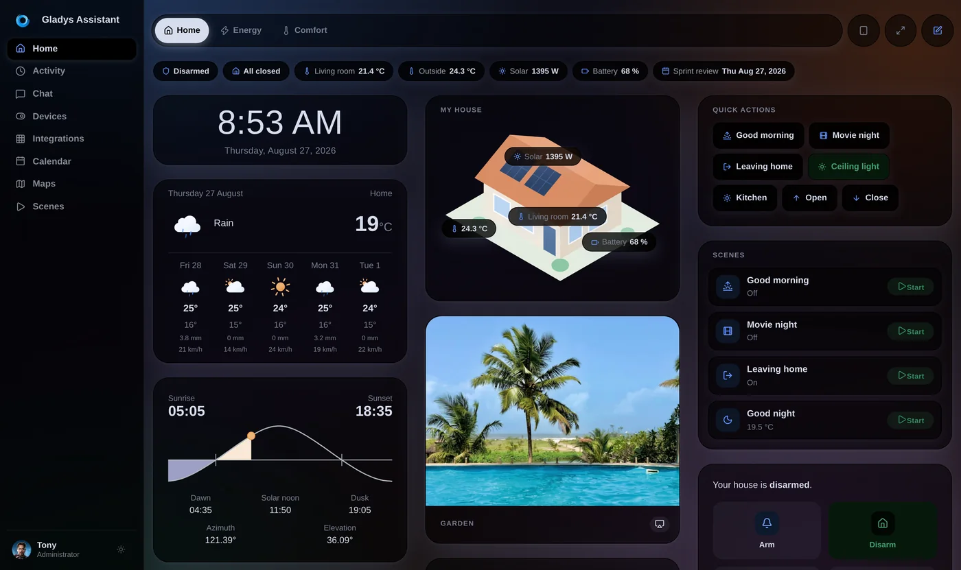 The Gladys Assistant dashboard in dark mode